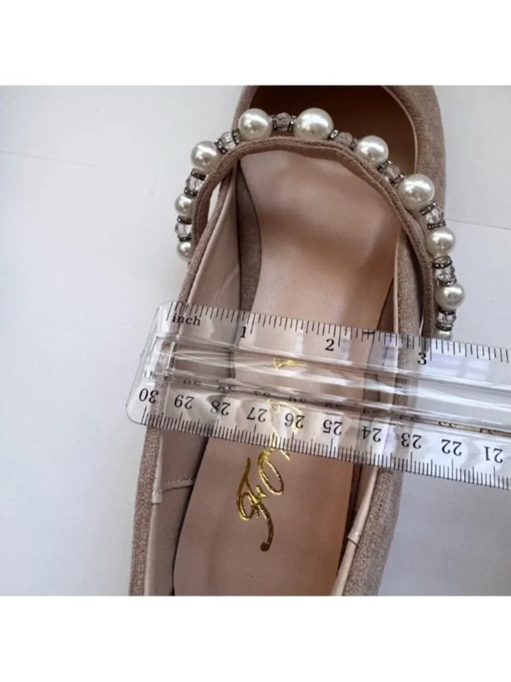 Women Slip on Pearl Strap FOWT Size 10 Flats Beige
